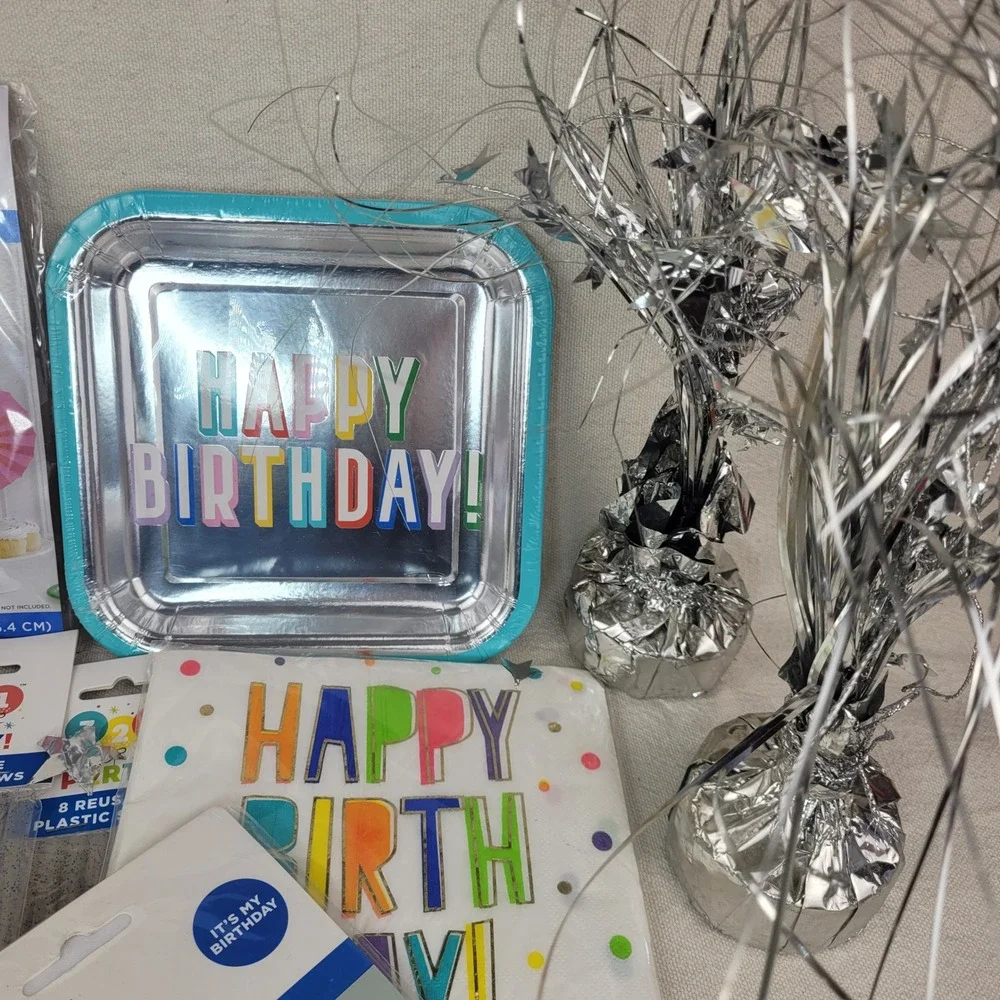 321 Party Birthday Decoration Lot Plates Napkins Sash Candles Etc Silver Rainbow
